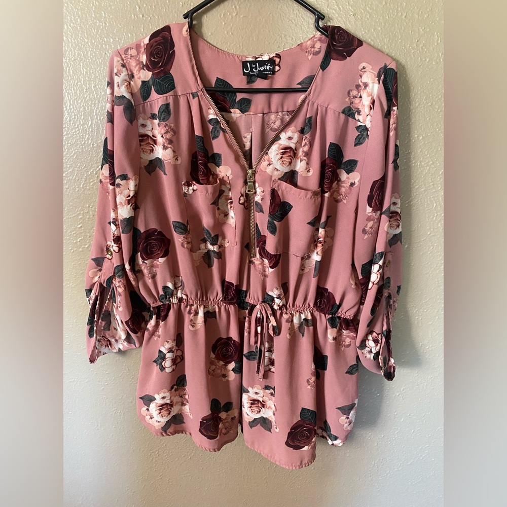 Pink, Floral Zipper Long Sleeve Blouse, size XL